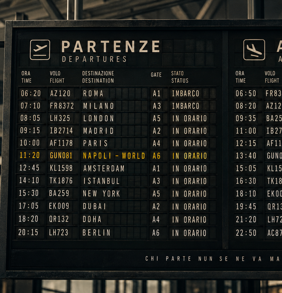 Departures board — PARTENZE and ARRIVI, with the line Napoli → World in schedule