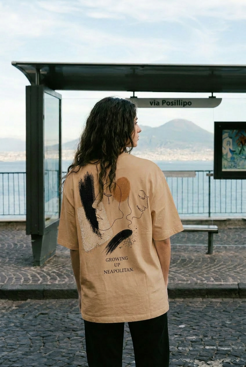 Modello di spalle alla fermata di Via Posillipo — retro tee Growing Up Neapolitan